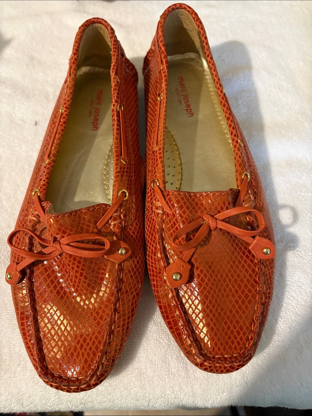 Marc Joseph Bright Orange Snake-Embossed Driving Loafers